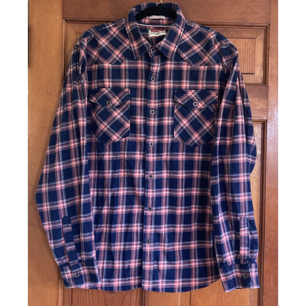 Wrangler Mens XL Blue Orange Plaid Flex Western Button Down Shirt Cowboy Utility